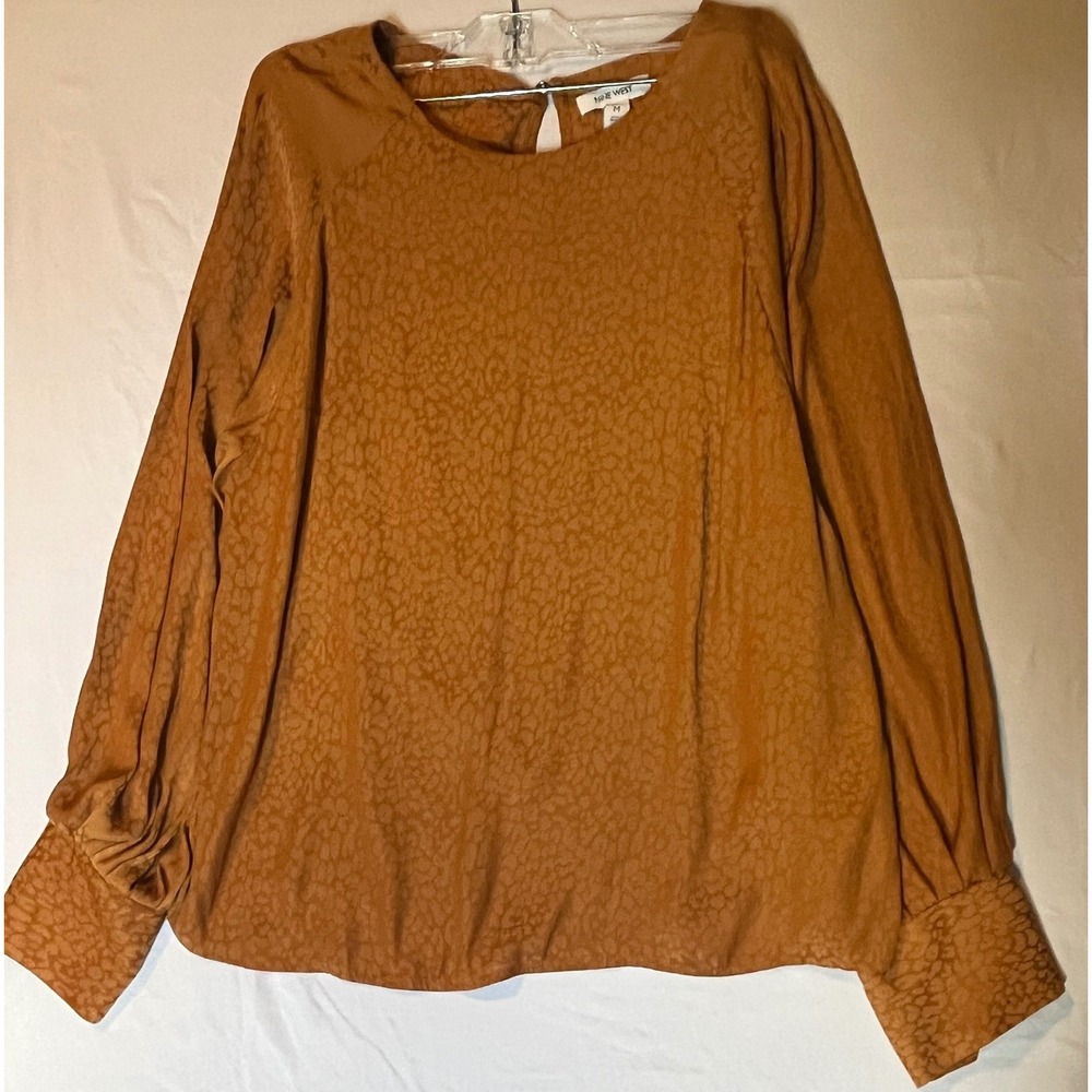 Nine West Womens Copper Leopard Jacquard Balloon Sleeve Blouse Medium